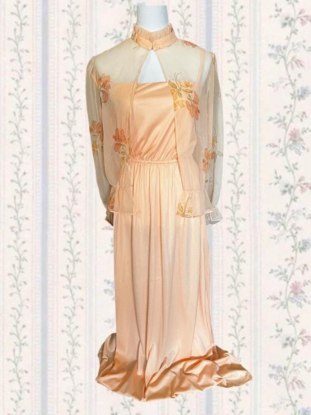 Elegant Peach Sheer Floral Overlay Maxi Dress Set